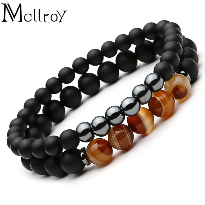 Mcllroy 2pc Brățară din piatră naturală Brățară cu margele Black Mantra Mantie Brățară Buddha Brățară pentru femei și bărbați pentru bărbați bijuterii Viking Bijoux