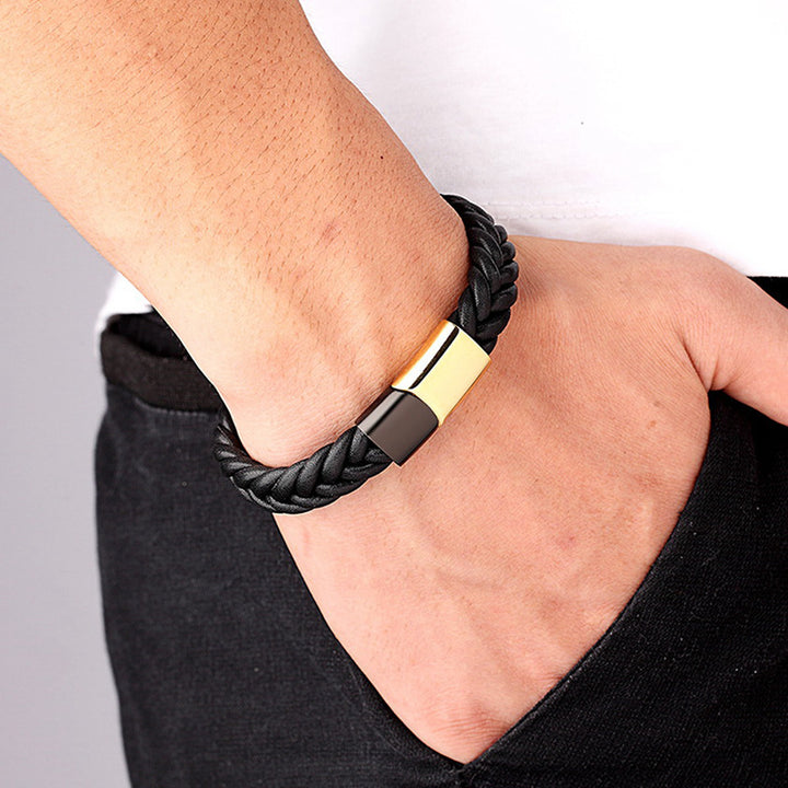 Stainless Steel Titanium Two-tone Buckle Leather Cord Bracelet