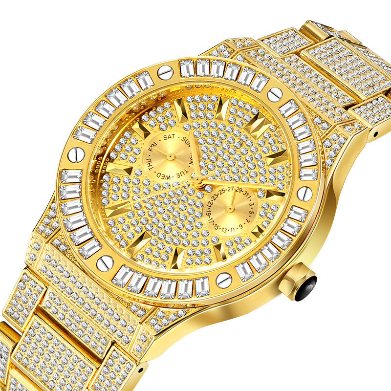 Hip Hop Diamond Diamond High-end Diamond Diarm Dial mare, impermeabil, ceas de cuarț pentru bărbați