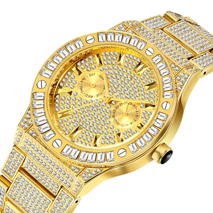 Hip Hop Diamond Diamond High-end Diamond Diarm Dial mare, impermeabil, ceas de cuarț pentru bărbați