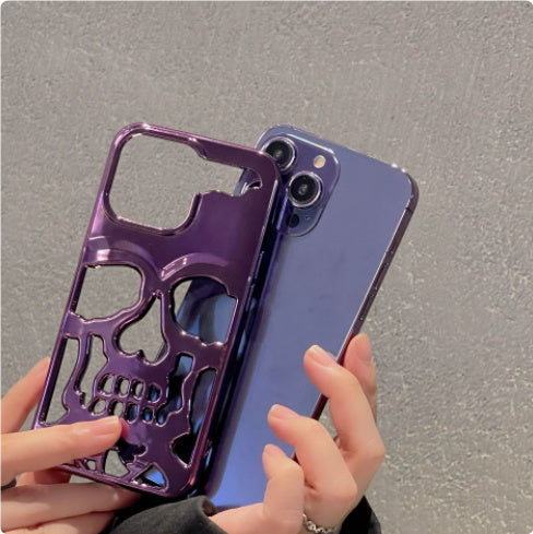 Luxury Plating 3D Skull Phone Case Breathable Glossy Hollow Out Gold Metallic Paint