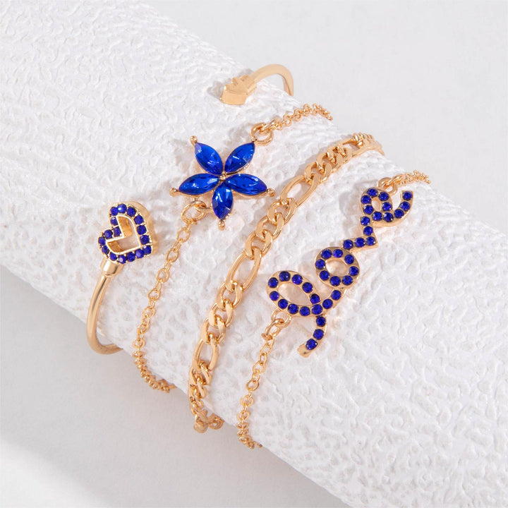 4pcs Blue Flower Love Butterfly Bracelet Set With Rhinestones Design Valentines Day