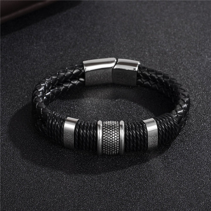 Fashion Black Braid din piele țesută Brățară din piele Titan Brățară din oțel inoxidabil Bărbați cu breton Men Bijuterii Vintage Cadou