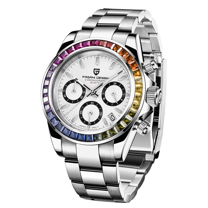 Men's Multifunctional Stainless Steel Colorful Crystals Waterproof Quartz Watch