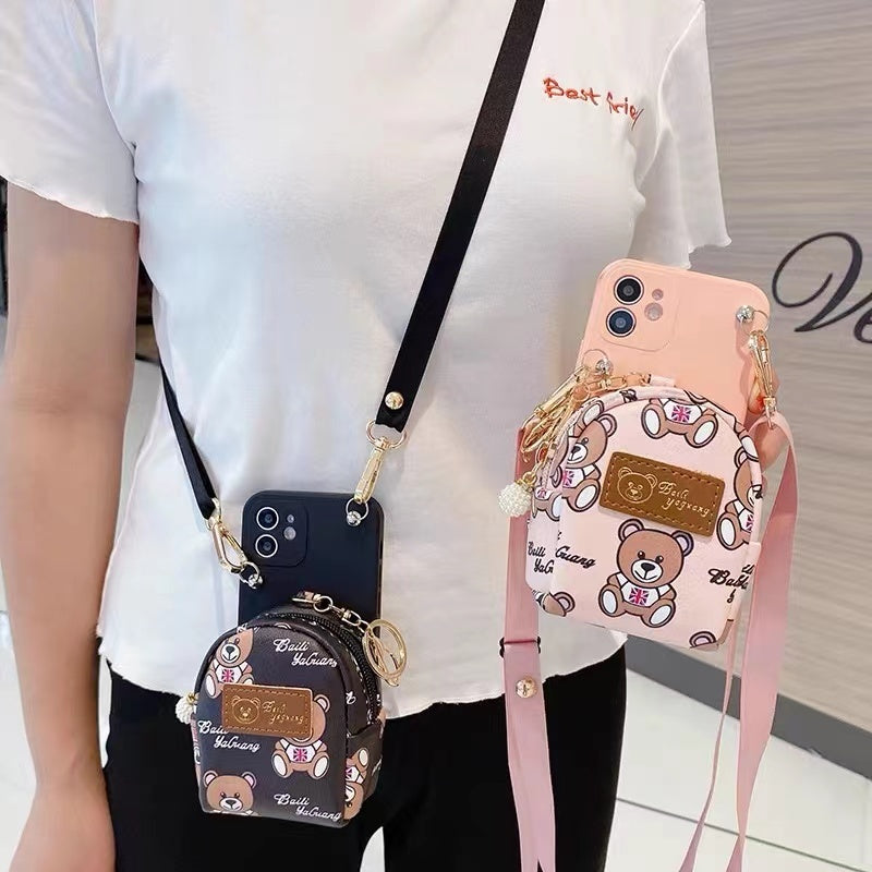 Cute Bear Card Holder With Lanyard Crossbody Phone Case