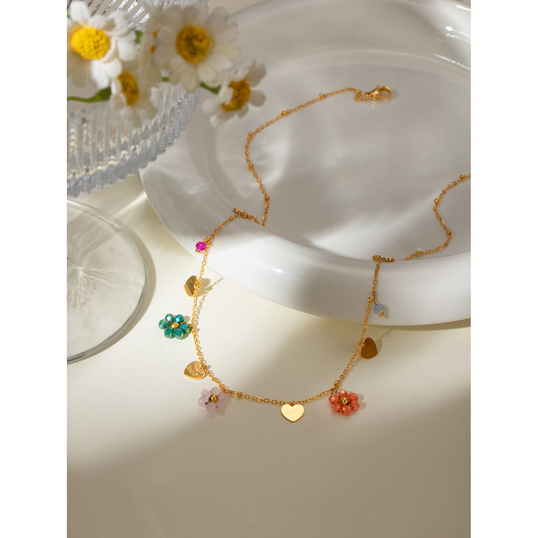 18K Gold Stainless Steel Colored Glass Bead Flower Necklace