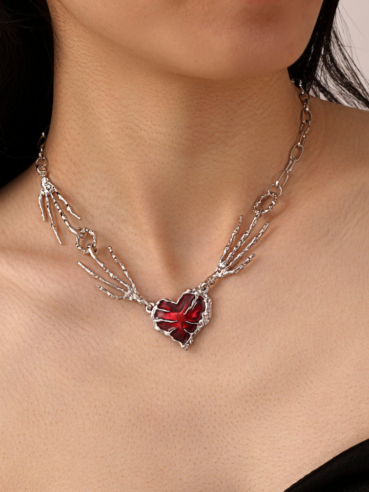 Dark, Sweet, Cool, Spicy Girl Punk Exaggerated, Dark Red, Love, Ghost Claw, Skeleton Hand Splicing Necklace