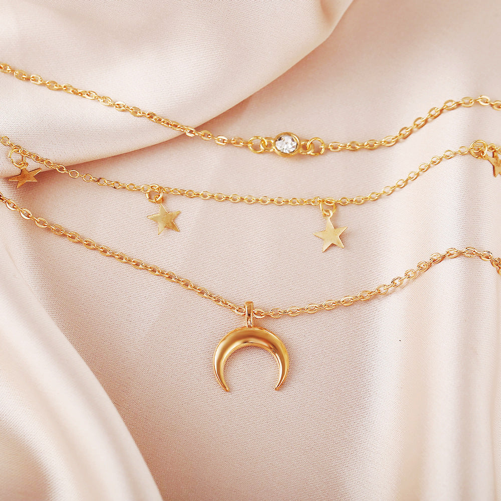 Creative Simple Personality Star And Moon Pendant Multi-layer Necklace