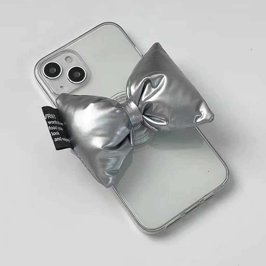 Transparent Soft Shell Silver Bow Down Stand Phone Case