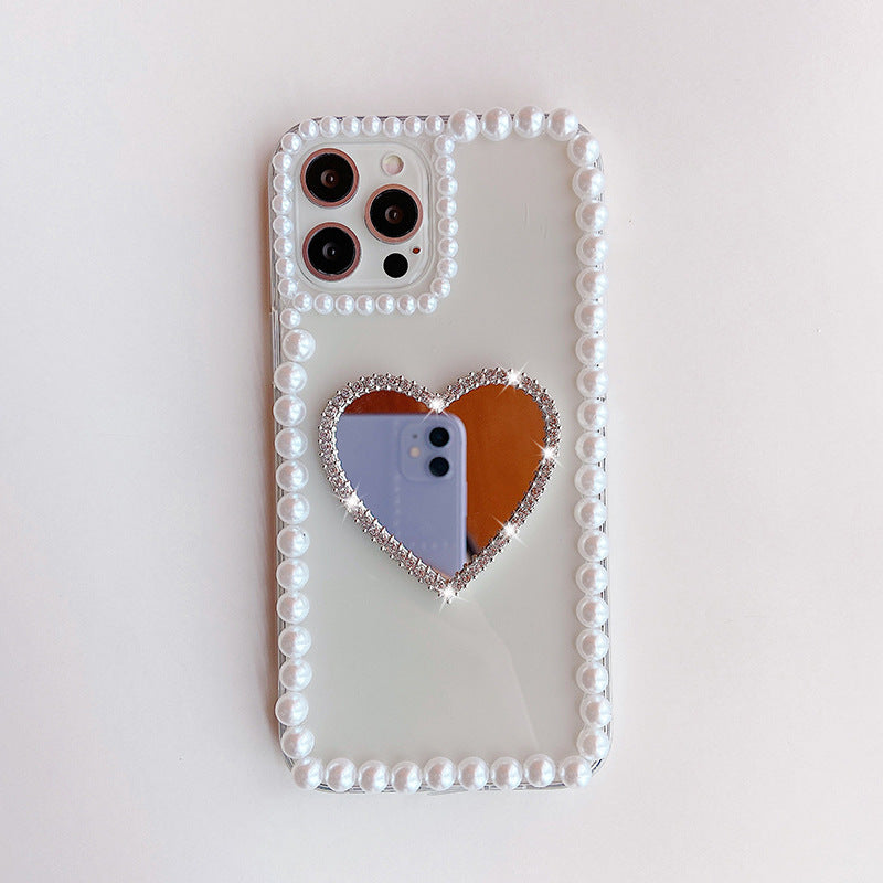 Acrilic Pearl Heart Mirror Rhinestone Telefon mobil Shell