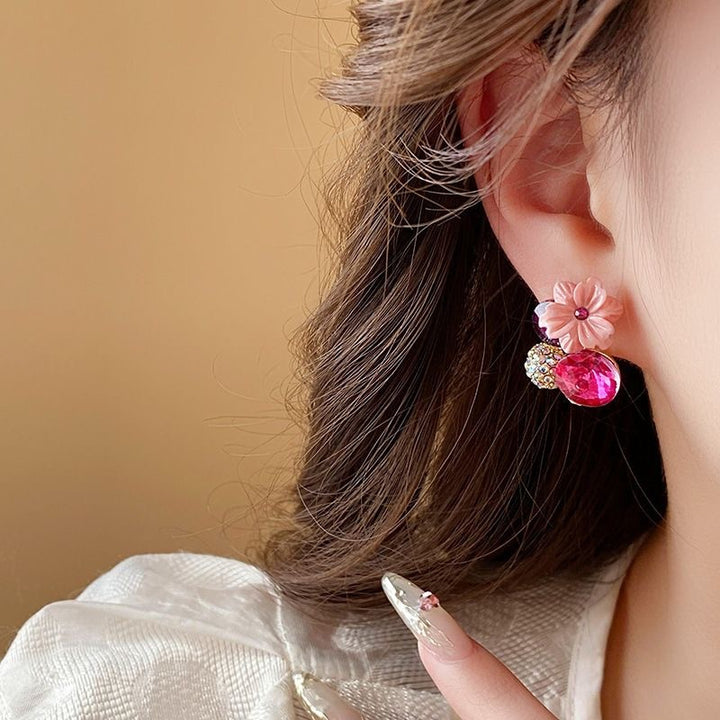 Vintage Color Contrast Diamond Flower Stud Earrings Fashion