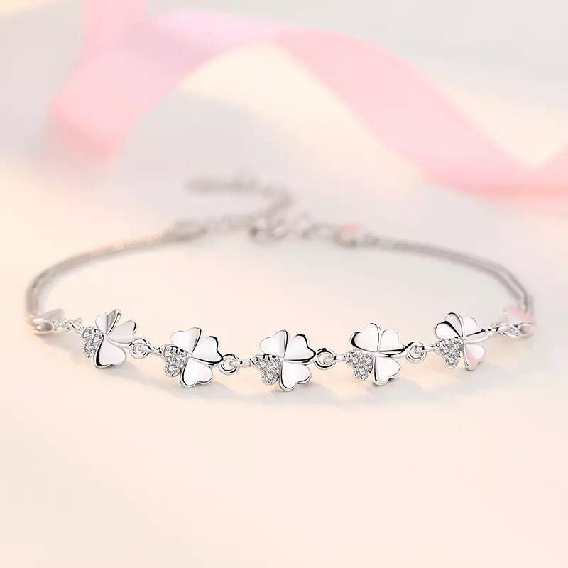 Lucky Four-Leaf Clover Silver Plated Bracelet Micro Rhinestone 925 Jewelry Japanese And Korean Simple Fashion