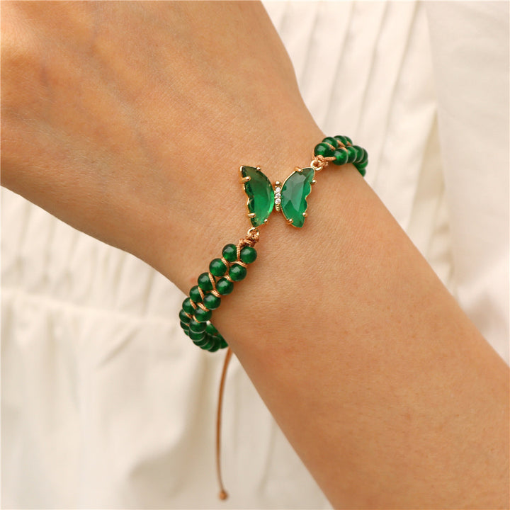 Light Luxury Double-layer Woven Bracelet Natural Stone Beads Butterfly Pendant Girlfriends Pull Handle