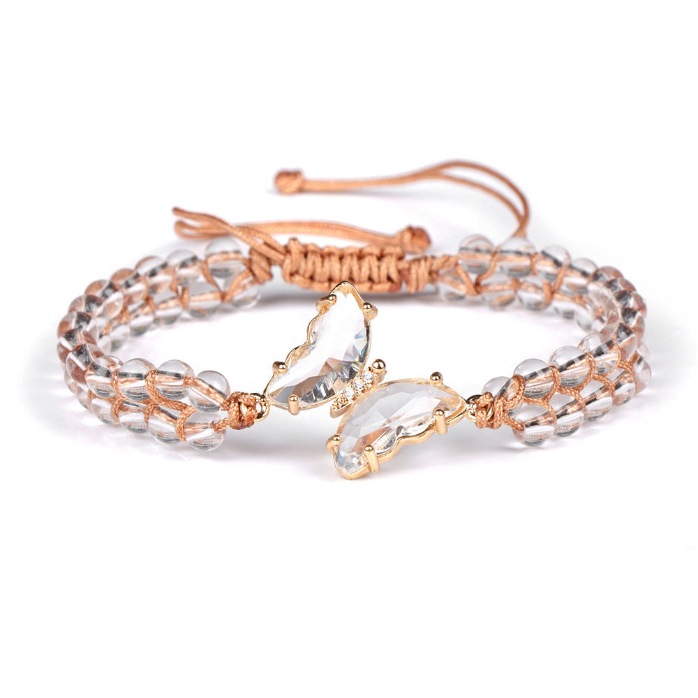 Light Luxury Double-layer Woven Bracelet Natural Stone Beads Butterfly Pendant Girlfriends Pull Handle