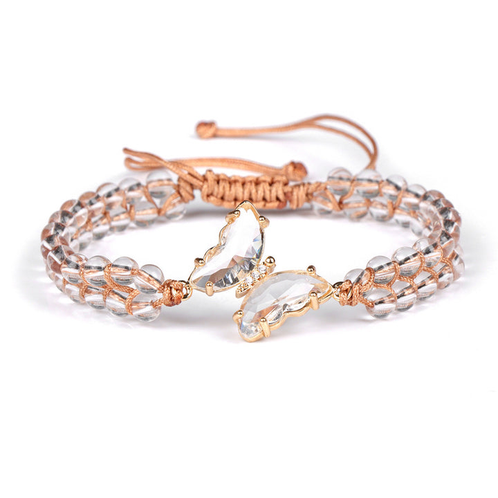 Light Luxury Double-layer Woven Bracelet Natural Stone Beads Butterfly Pendant Girlfriends Pull Handle