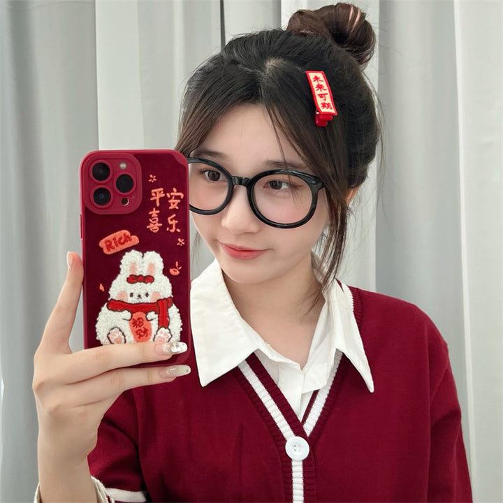 New Year Red Embroidery Charm Rabbit Phone Case