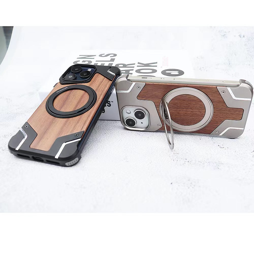 Wooden Metal Splicing Magnetic Frameless Phone Case