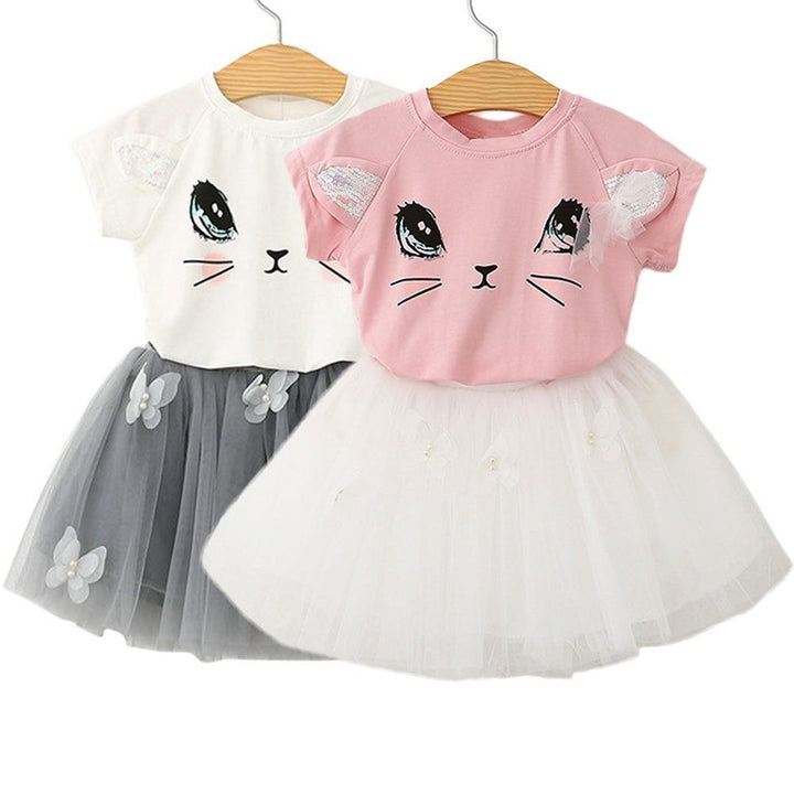 New Girls Kids Cute Child Cat Short Sleeve T-Shirt Butterfly Beaded Puffy Skirt Skirt Set