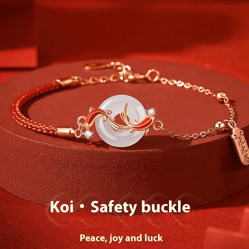 Landing Koi Hetian Jade Safety Buckle Bracelet S925 Sterling Silver Red Rope Animal Year Lucky Bead