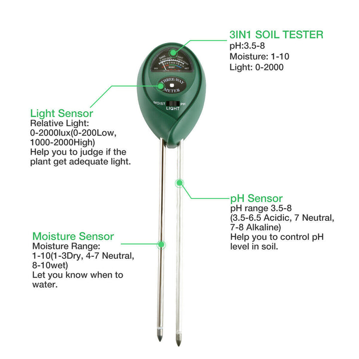 3 in1 Sol Tester Water PH umiditate Test de testare ușoară pentru flori de plante de grădină