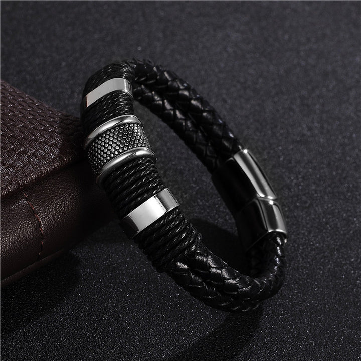 Fashion Black Braid din piele țesută Brățară din piele Titan Brățară din oțel inoxidabil Bărbați cu breton Men Bijuterii Vintage Cadou