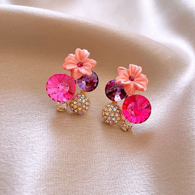 Vintage Color Contrast Diamond Flower Stud Earrings Fashion