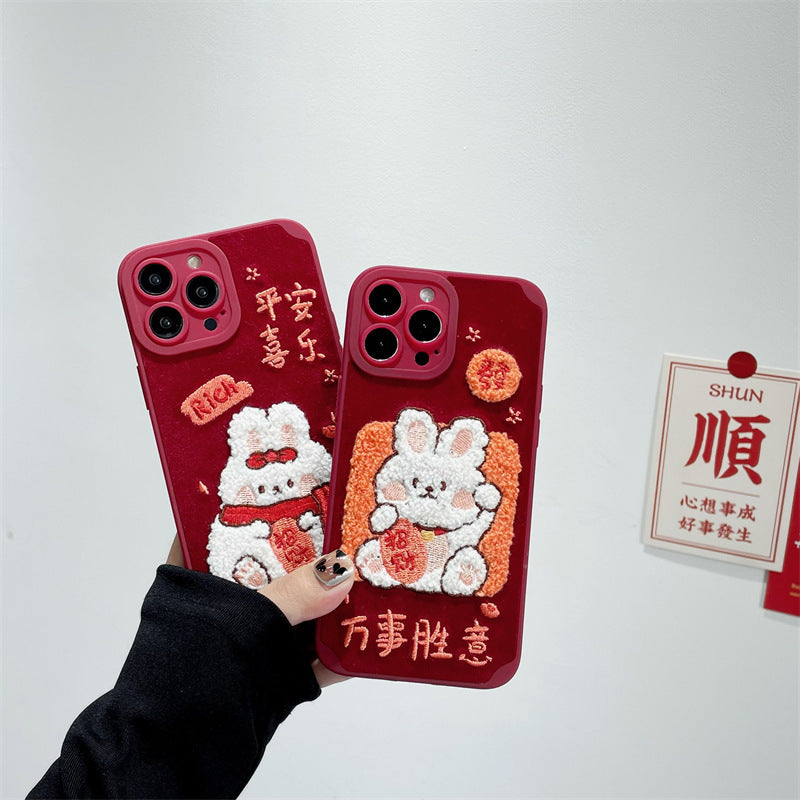 New Year Red Embroidery Charm Rabbit Phone Case