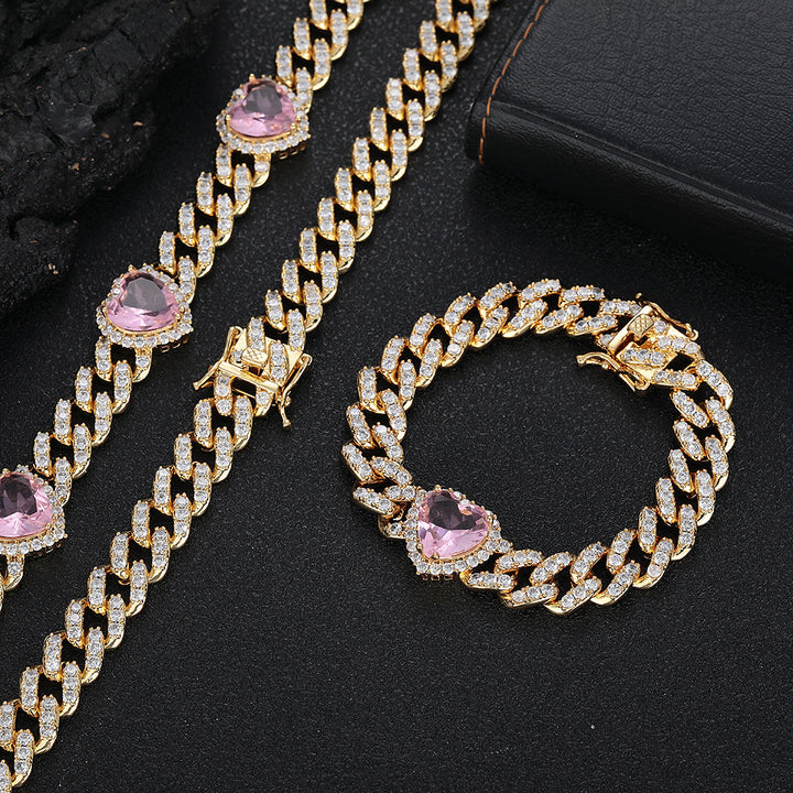 Love Pink Zircon Cuban Link Chain Women's Necklace