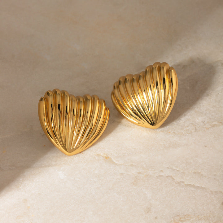 18K Gold Stainless Steel Stripe Love Heart Earrings