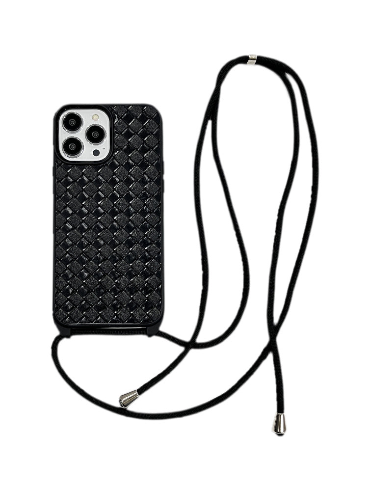 Black Leather Woven Pattern Cross-body Lanyard Phone Case