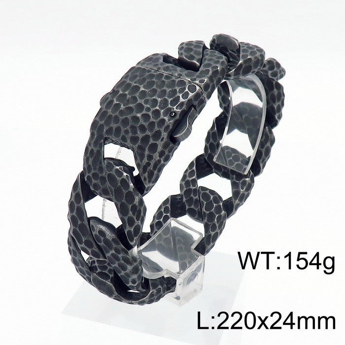 Snap Button Old Boiled Black Beat Pattern Titanium Steel Bracelet