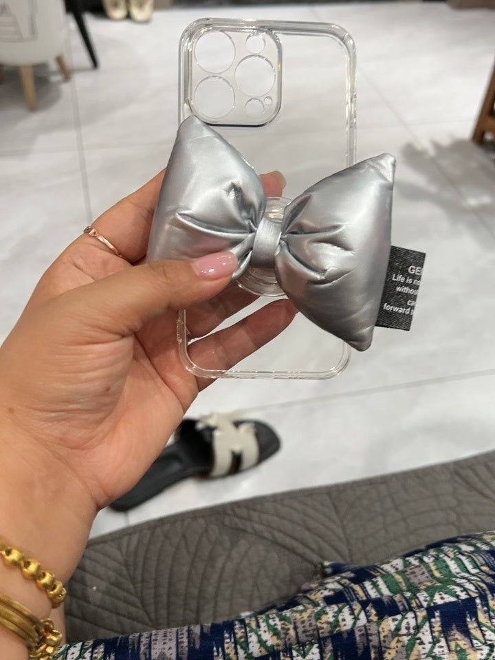 Transparent Soft Shell Silver Bow Down Stand Phone Case