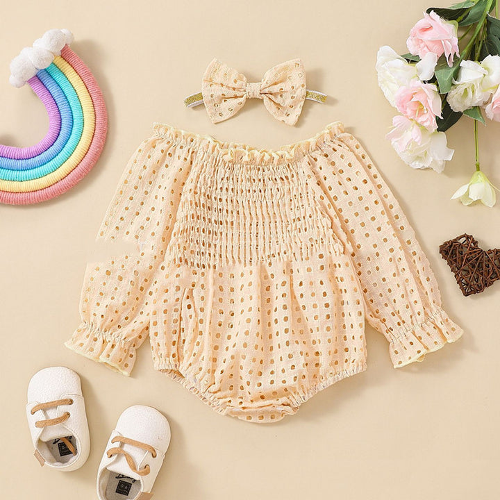 Baby Girl Cotton Mesh Smocking Long Sleeve Off Shoulder Clothing