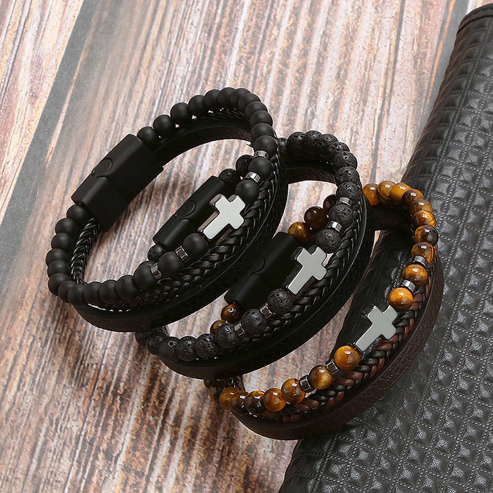 Natural Tiger Eye Stone Cross Bracelet