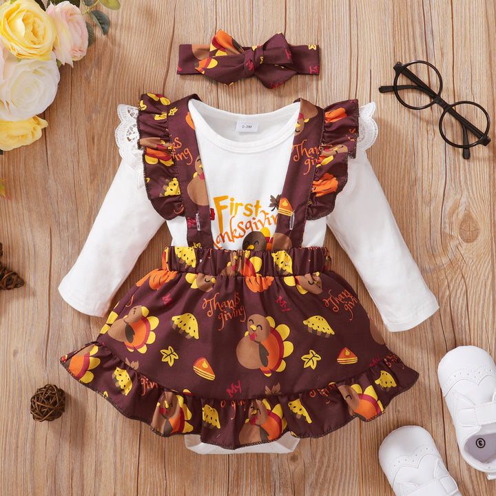 Thanksgiving New Baby Romper Suspender Skirt Outfit