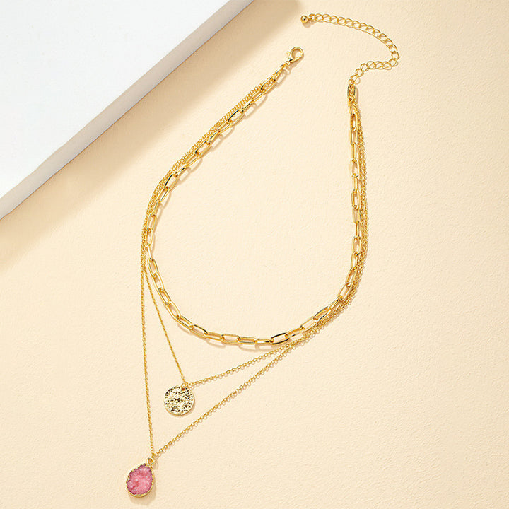 Three-layer Crystal Bud Round Plate Pendant Necklace