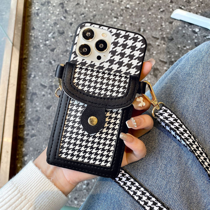 Houndstooth Leather Card Case Lanyard Mobile Phone