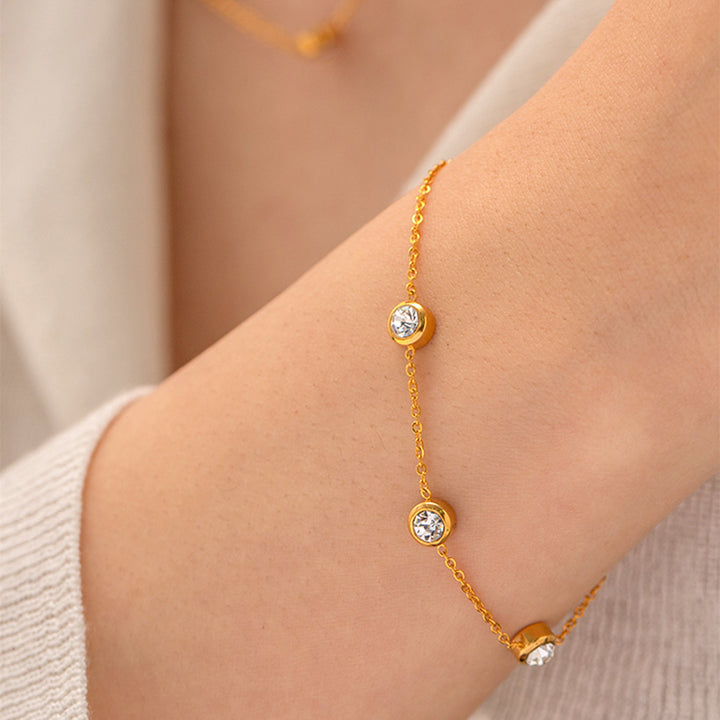 Fashion 18K Gold Plated Round Zircon Stainless Steel Bracelet