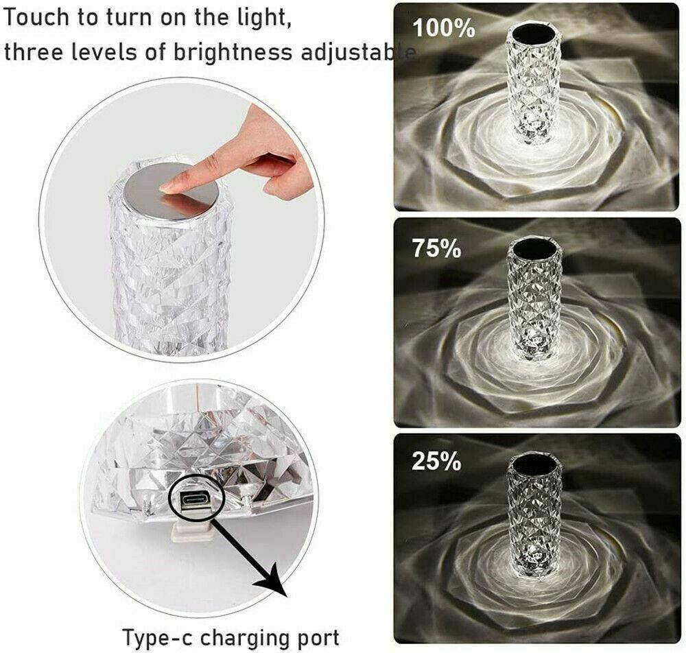 LED Crystal Table Lampa Diamond Rose Night Light Touch Atmosferă și telecomandă