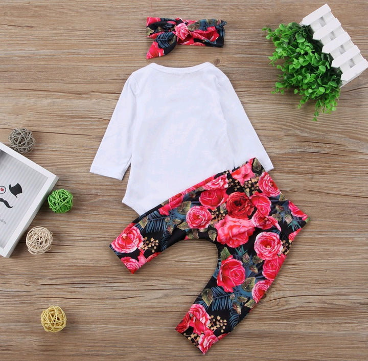 Girls Autumn New Style Clothing Set Baby Cotton Long-sleeved Color Hair Band Three-piece Suit