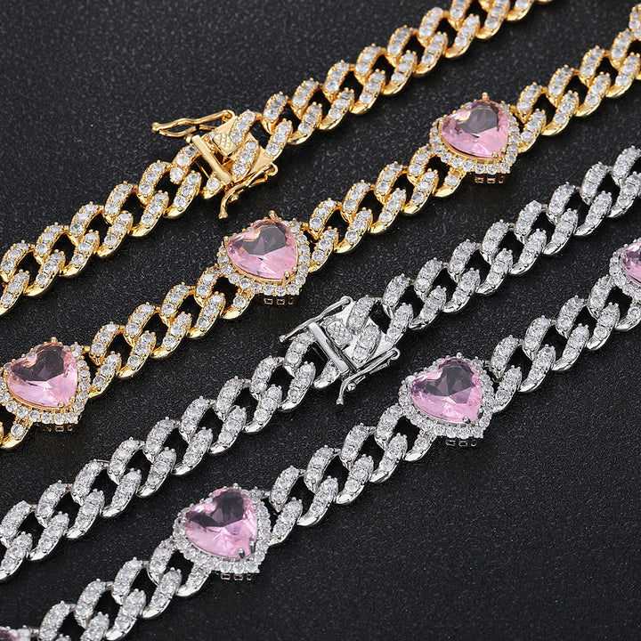 Love Pink Zircon Cuban Link Chain Women's Necklace