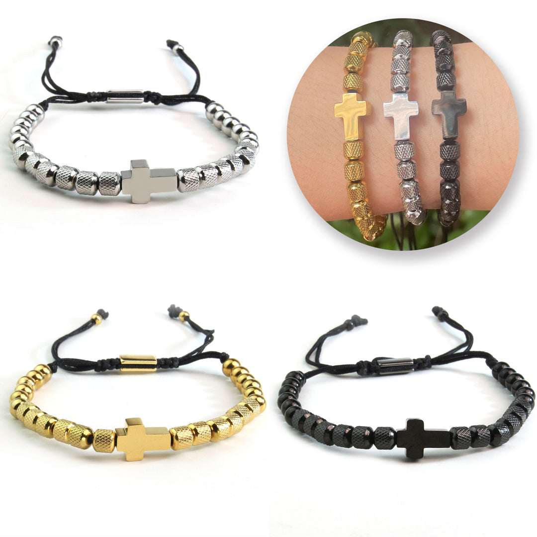 Cross-border Stainless Steel Gold-plated Cross Pineapple Beads Beaded Weave Bracelet