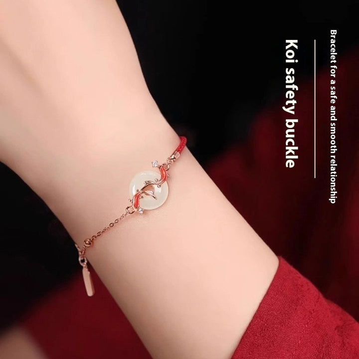 Landing Koi Hetian Jade Safety Buckle Bracelet S925 Sterling Silver Red Rope Animal Year Lucky Bead