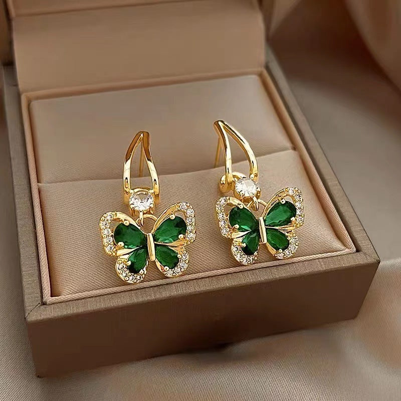 French Retro Green Zirconium Butterfly Earrings For Women