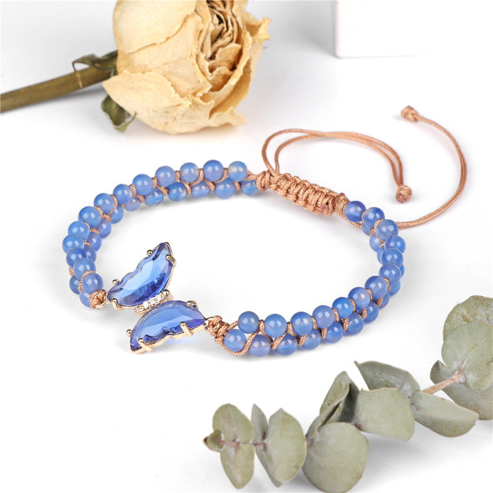 Light Luxury Double-layer Woven Bracelet Natural Stone Beads Butterfly Pendant Girlfriends Pull Handle