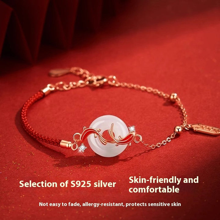 Landing Koi Hetian Jade Siguranță Brățară catarama S925 Sterling argintiu Roșie Red Animal An Lucky Bead