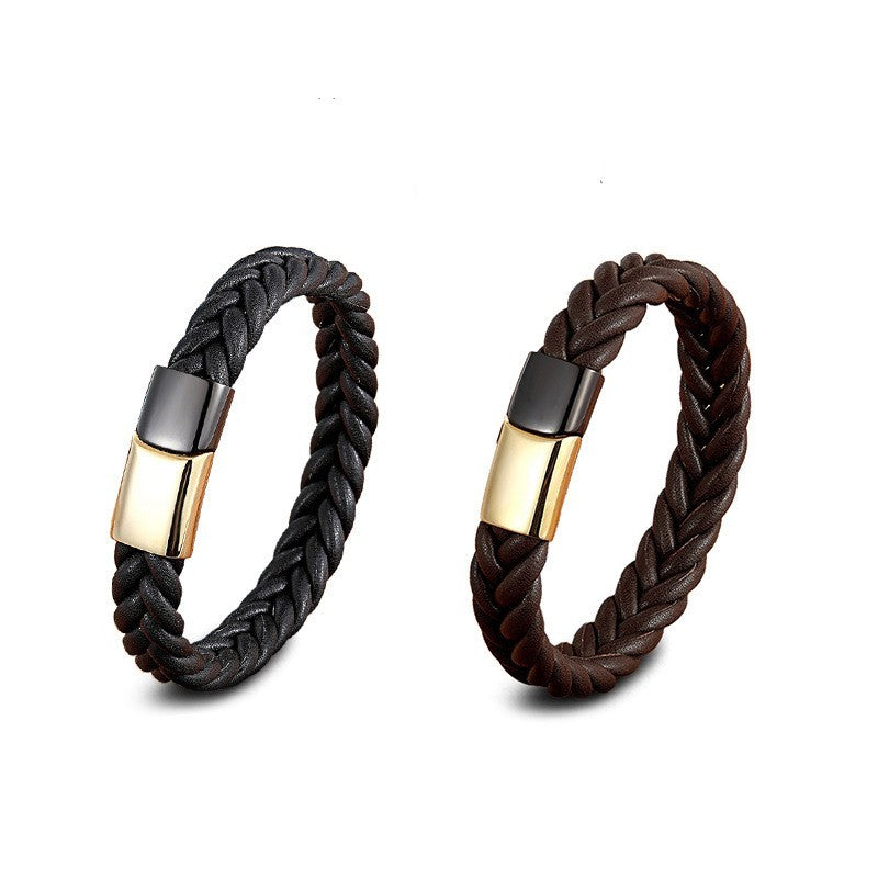 Stainless Steel Titanium Two-tone Buckle Leather Cord Bracelet