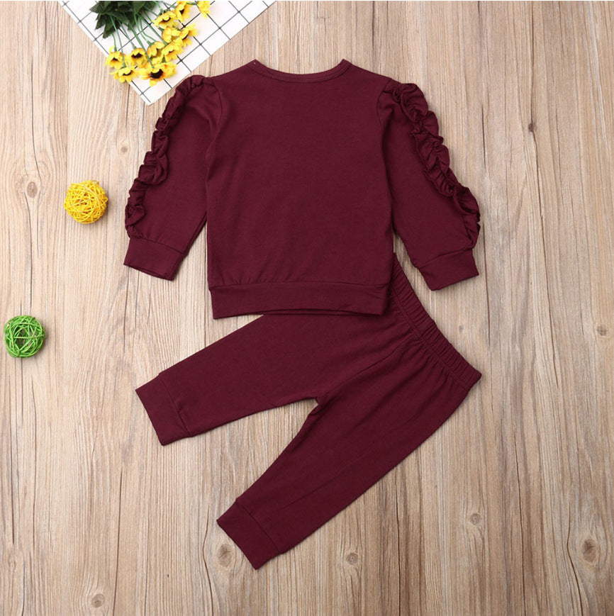 Newborn Baby Boys Girls Ruffles Jumper Solid Long Sleeve Sweatshirt Tops Pants Infant Kids 2Pcs Outfits Clothes Set Fall Clothes