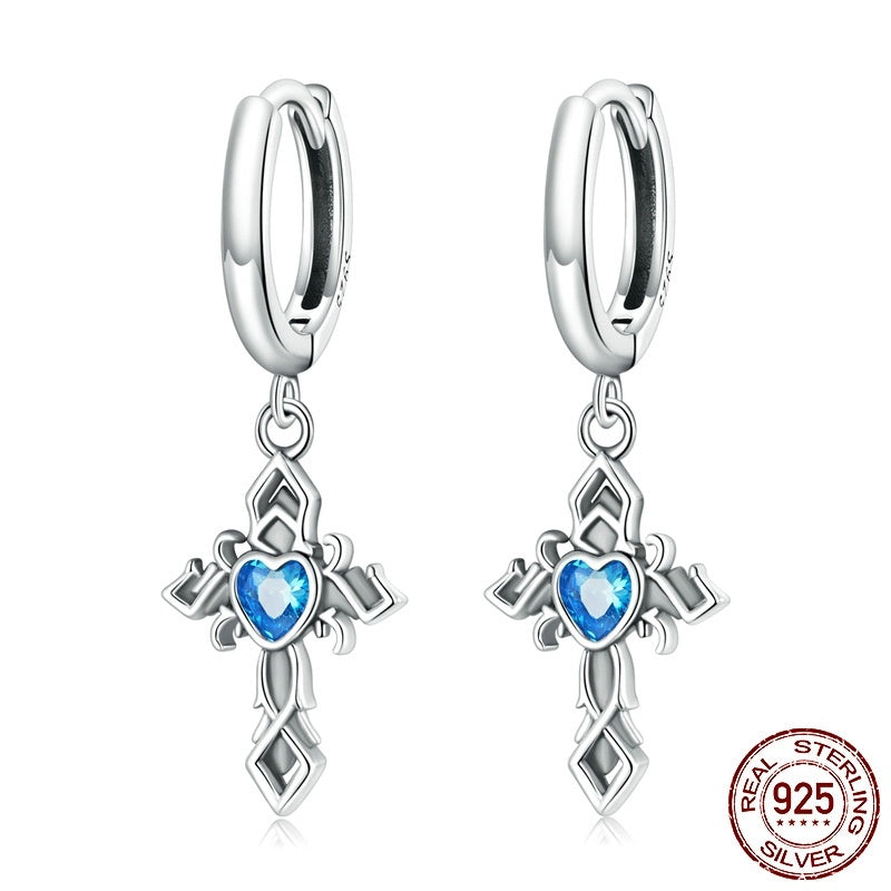 Sterling Silver S925 Vintage Cross Ear Clip Blue Heart-shaped Zircon