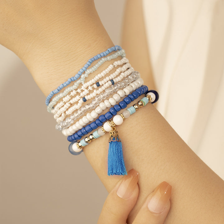 Ethnic Peacock Blue Tassel Pendant Japonica Rice Beads Bracelet